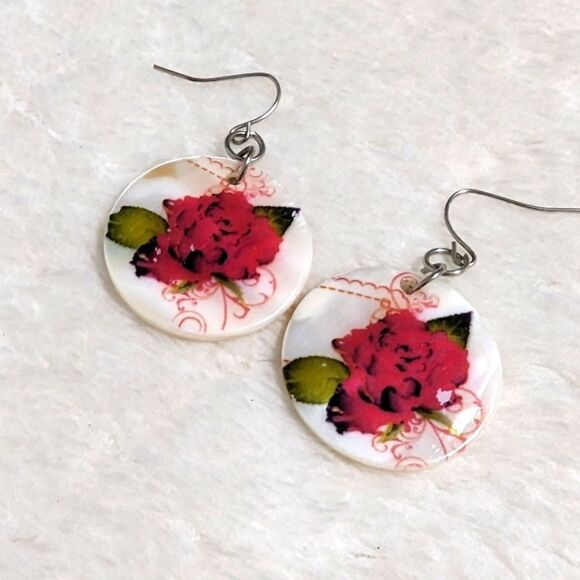 Jewelry - Vintage Mother of Pearl Disc Pierced  Earrings w/ Red Rose Motif